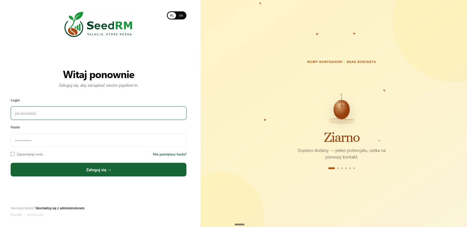 Ekran logowania SeedRM z wizualizacją kondycji klienta — Ziarno